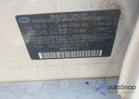 2012 Hyundai Sonata Limited z USA, uszkodzony, nr VIN 5NPEC4AC2CH382178